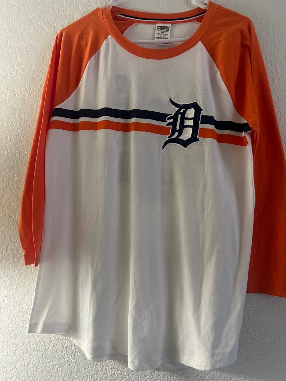 PINK Victoria's Secret Orange & White Raglan Baseball Tee with Navy 'D' Patch